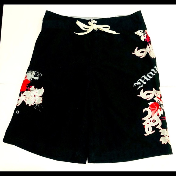 Maui Nix Swim Trunks Board Surf Shorts Men's Sz 30 Black Side Pocket - Picture 1 of 10